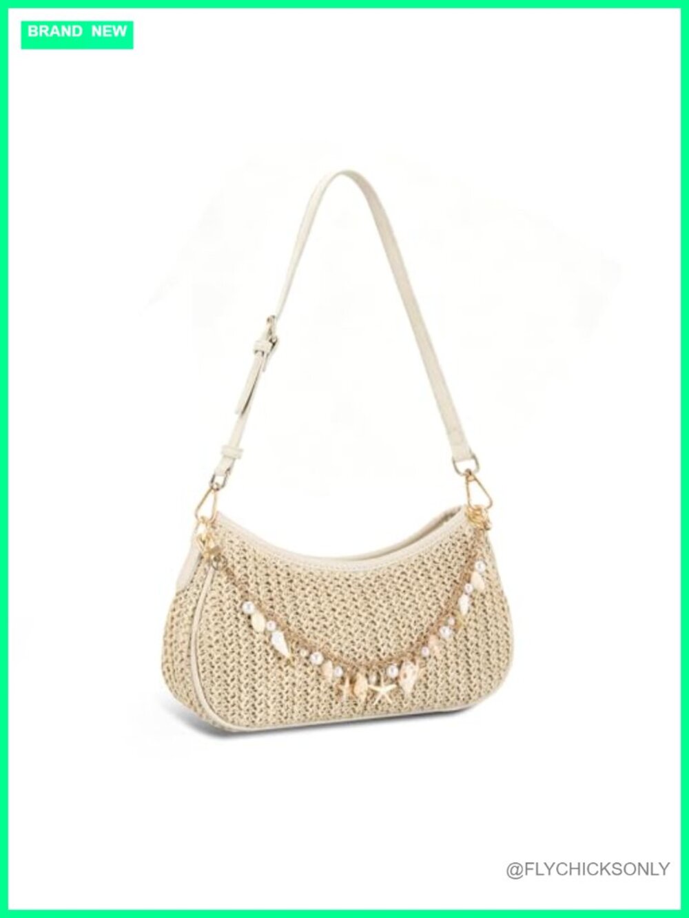Handwoven Raffia Shoulder Bag with Starfish Charm Chain, Adjustable Strap, Boho